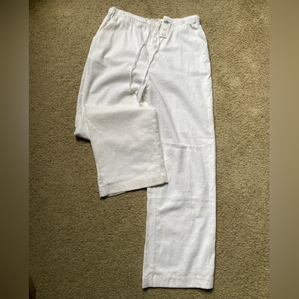 BNWT Abercrombie & Fitch Wide Leg Linen Drawstring Pants in White, size M Long